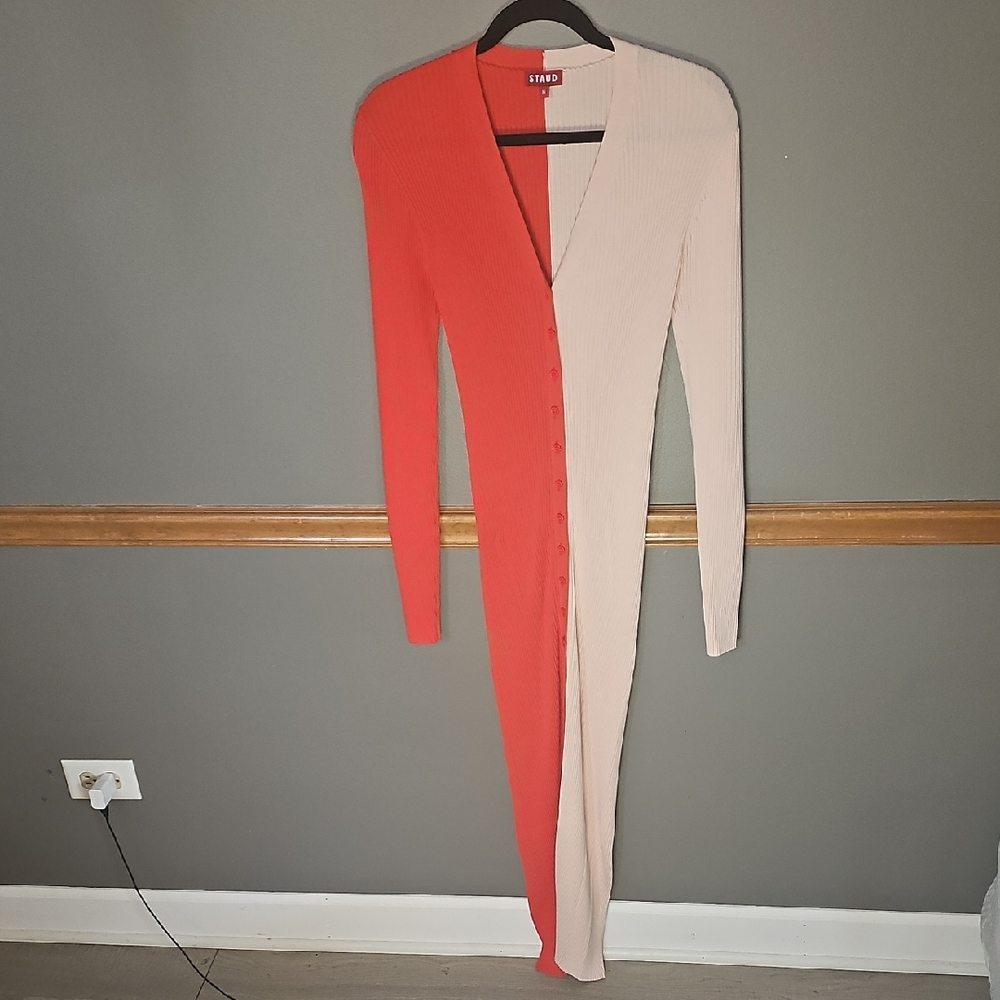STAUD Red and Pink Long Sleeve Dress